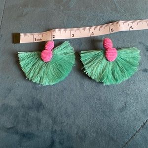 St Armands pink and teal fan flamingo earrings